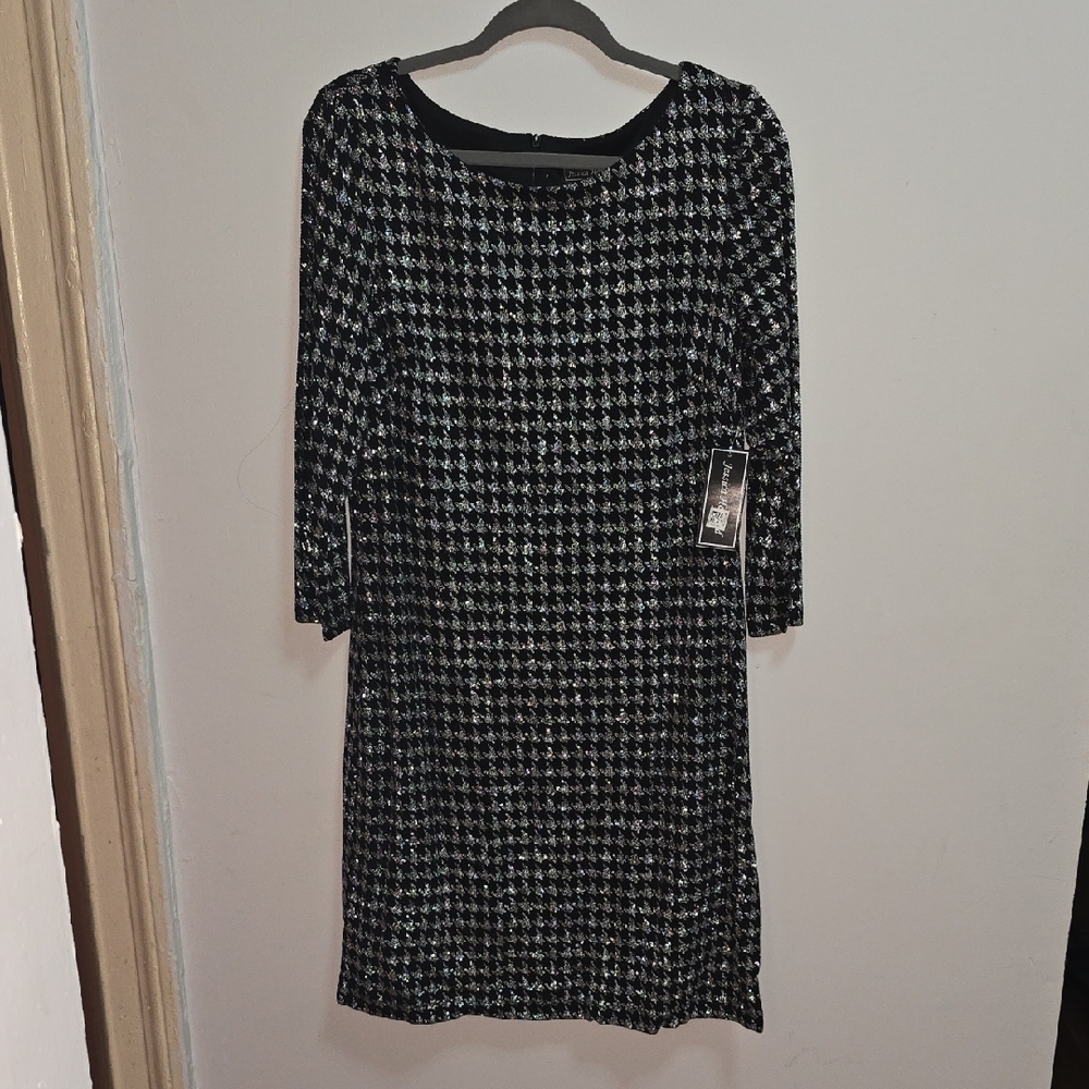 NEW Jessica Howard Black and Silver Houndstooth 3/4 Sleeve Stretch Dress Size 14